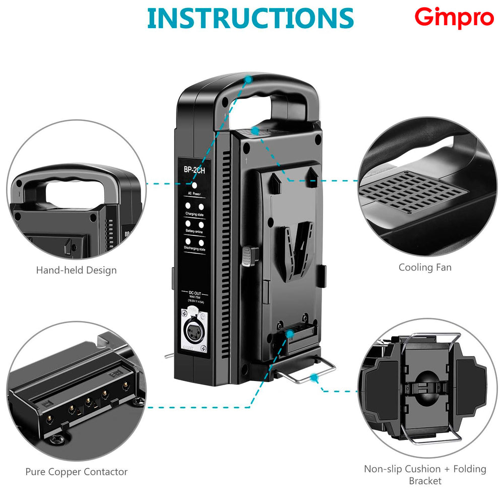 Gimpro V-Mount/V Lock Dual Channel Battery Charger with DC 16.5V Power Supply, Compatible with All V-Mount Plates (Battery Not Included)