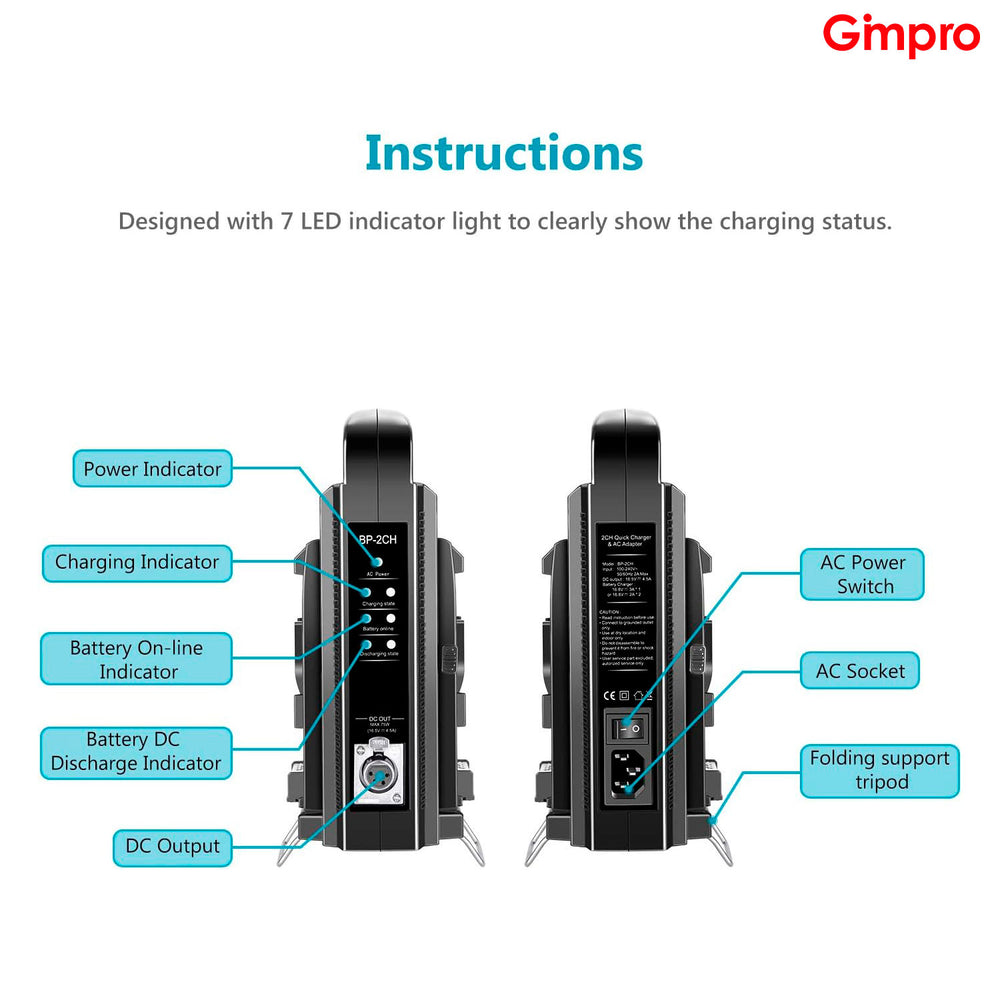 Gimpro V-Mount/V Lock Dual Channel Battery Charger with DC 16.5V Power Supply, Compatible with All V-Mount Plates (Battery Not Included)